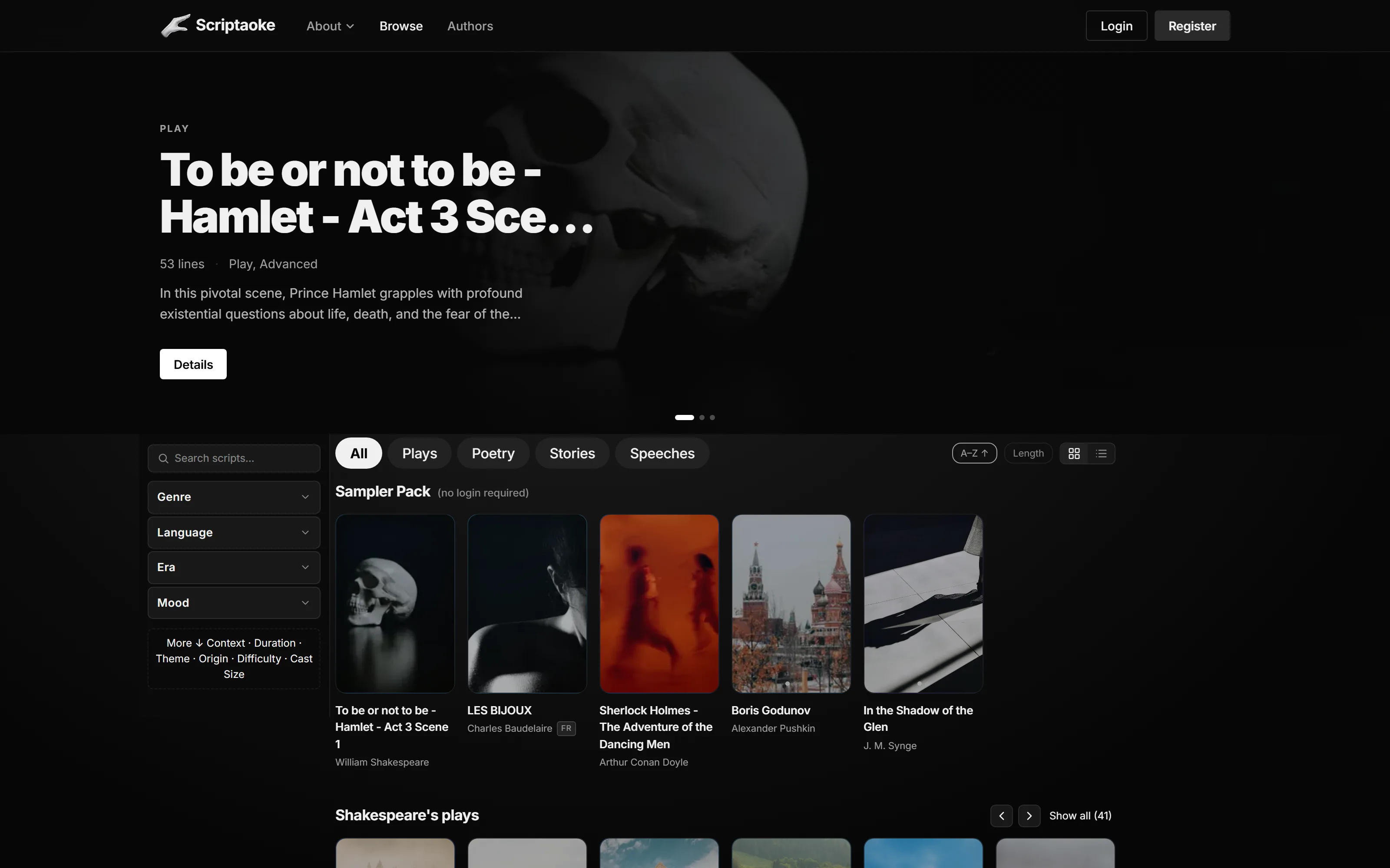 The Scriptaoke browse page with its filters sidebar open and the catalog grid populated