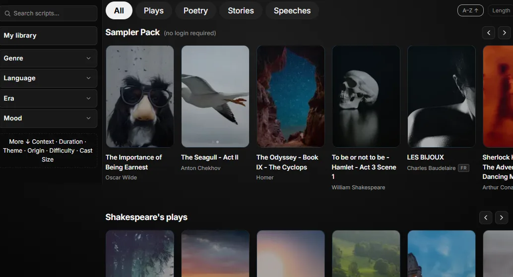 The Scriptaoke browse page: filter sidebar, format tabs, and rows of script cards with cover art