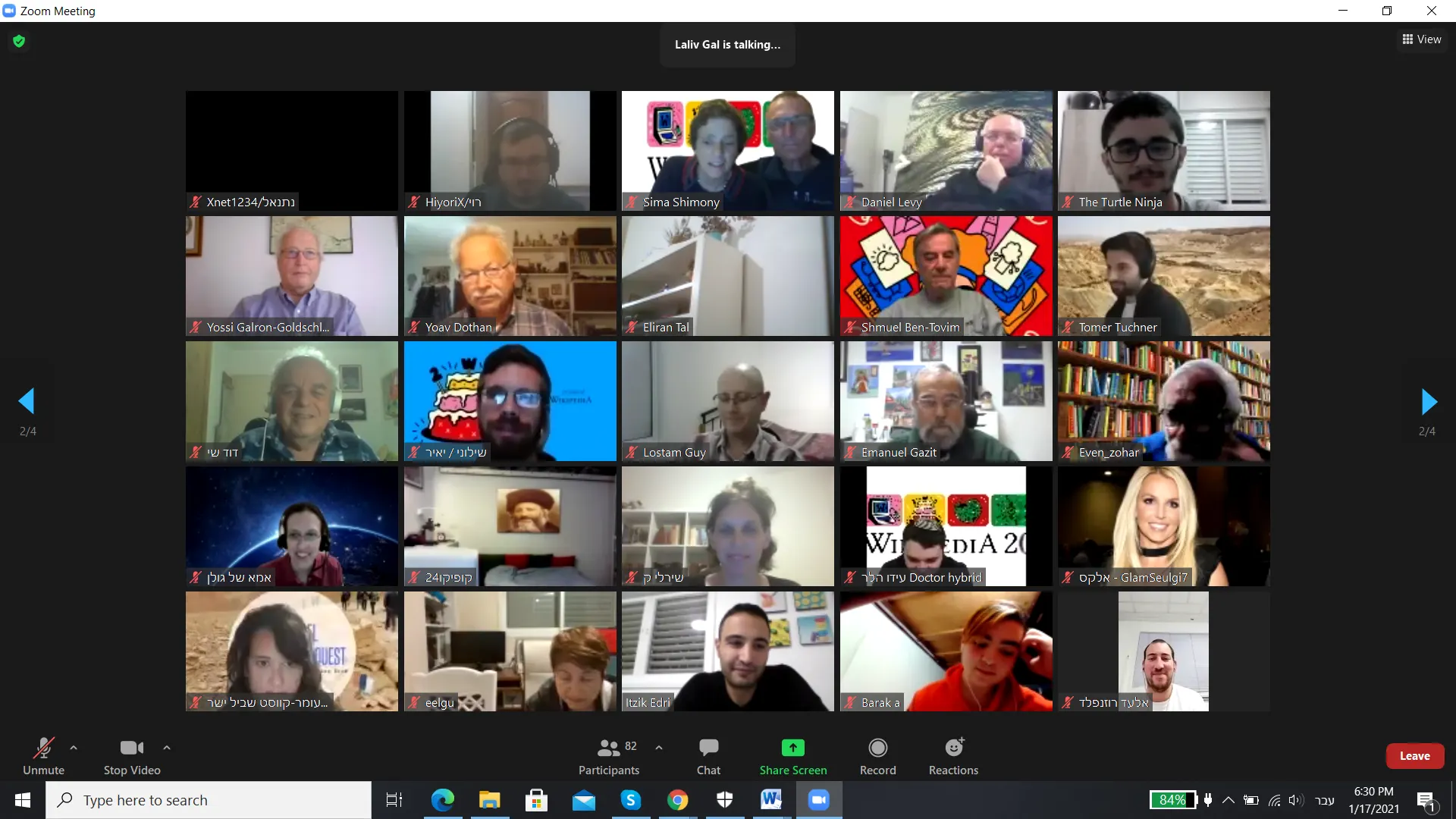 A Zoom meeting in gallery view with around twenty-five participants, from a Wikimedia community meetup